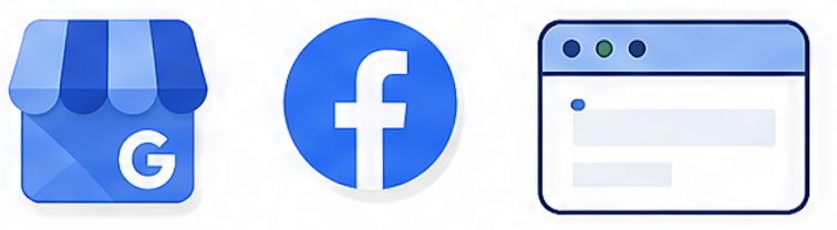 Google Business Profile, Facebook page, and dealer microsite icons